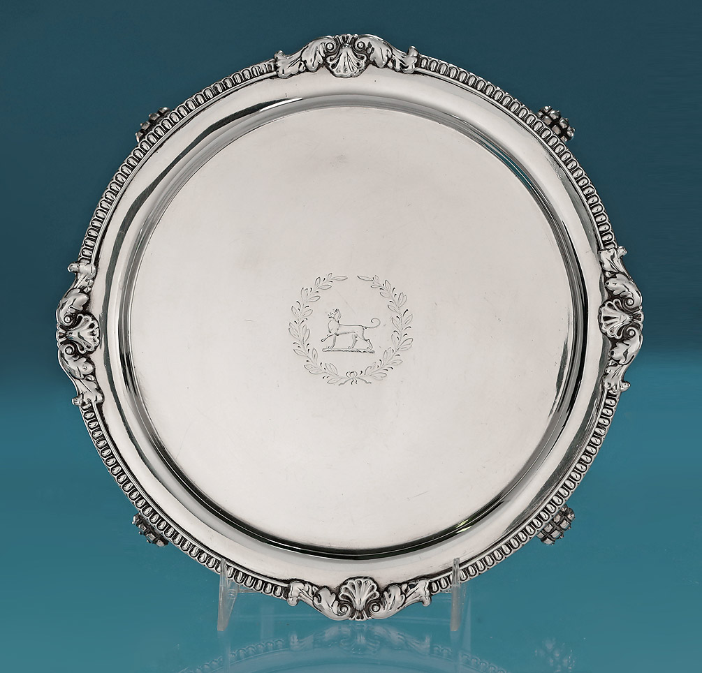 Good Pair of George III Irish Silver Salvers, Charles Marsh, Dublin, 1821, crested family of Bentley 
